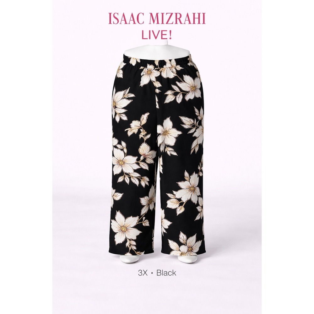 Isaac Mizrahi‎ Live! 3X Reg Floral Print Pebble Knit Wide Leg Pants Black NWT